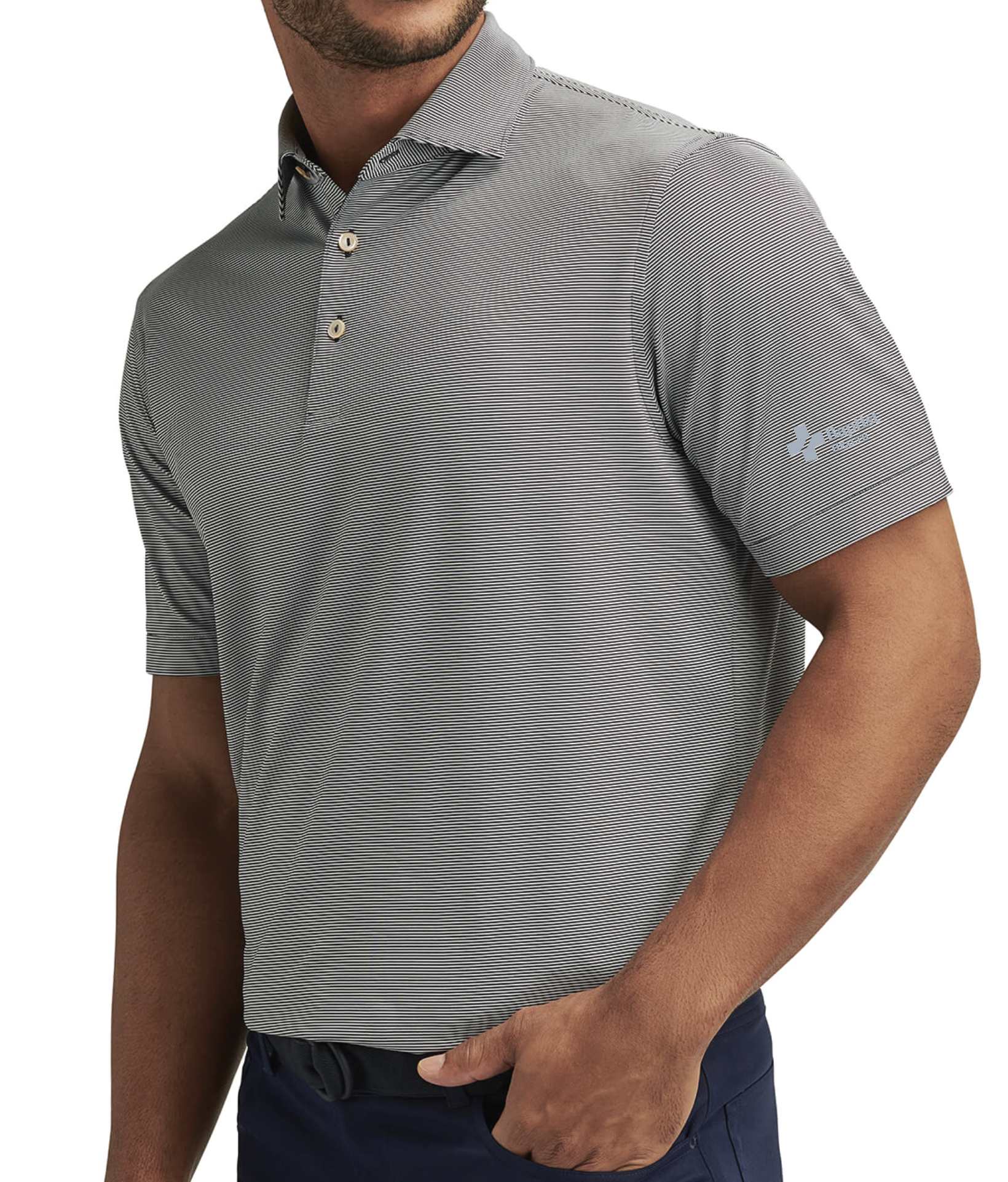 BME0EK11S Peter Millar Men's Jubilee Striped Polo with Baptist Health Logo on Left Sleeve
